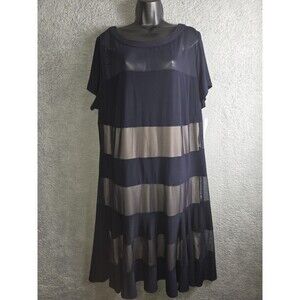R&M Richards A-Line Dress Womens 22W Navy Blue Mesh Sheer Stripe SS Lagenlook